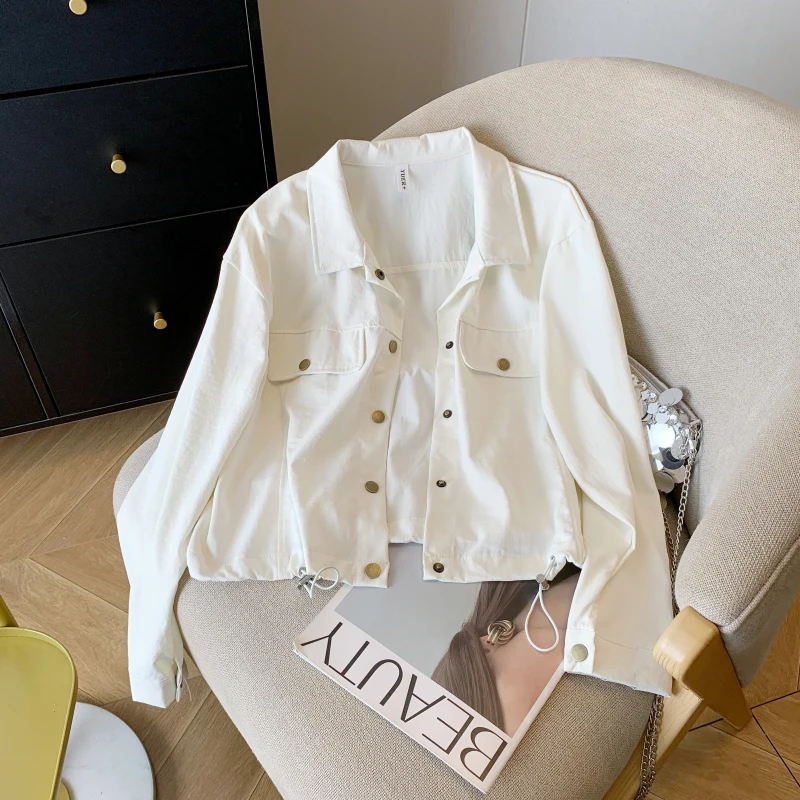 

Fashion Turn Down Collar Long Sleeve Short Coat Women Autumn Casual Versatile Loose Drawstring Tops Korean Simple Pockets Jacket