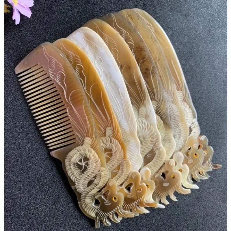 빗 Handmade Natural Ox Horn Comb Anti Static Buffalo Combs Dragon Phoenix Carving Professional Detangling Massage Fine Tooth Comb