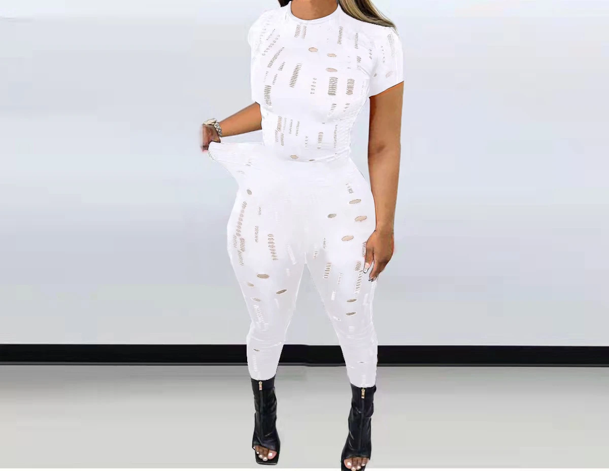 Women Sets Two Pieces 2024 Summer Streetwear Solid Hollow Out Round Neck Short Sleeve Top and Tight Pants Suits Trousers Female