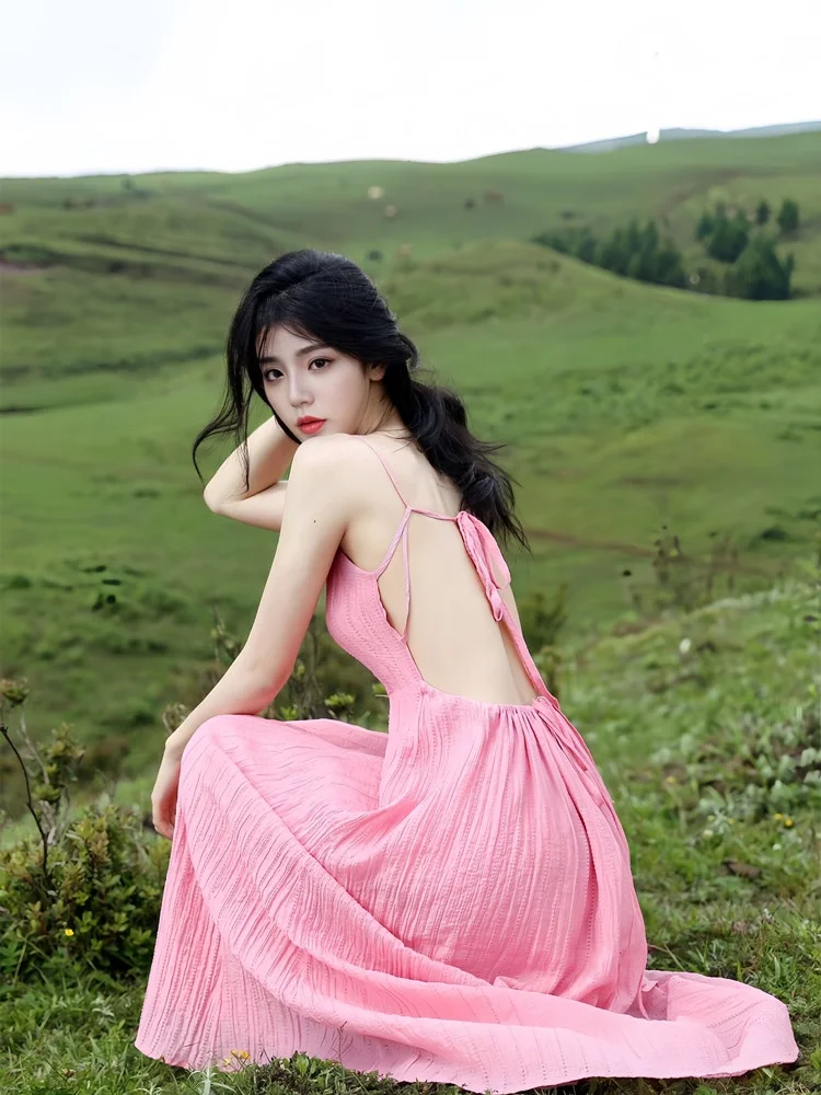 

Elegant Pink Strapless Long Dress Women's Summer 2026 New Style Holiday Travel Knot High Waist A-Line Skirt