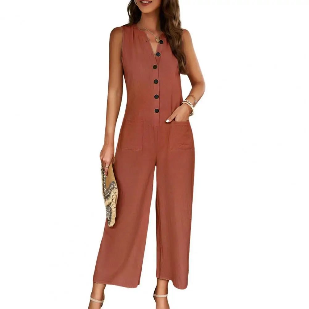 

Summer Jumpsuit V Neck Half Single-breasted Sleeveless Loose Pure Color Buttons OL Commute Business Ankle Length Jumpsuit