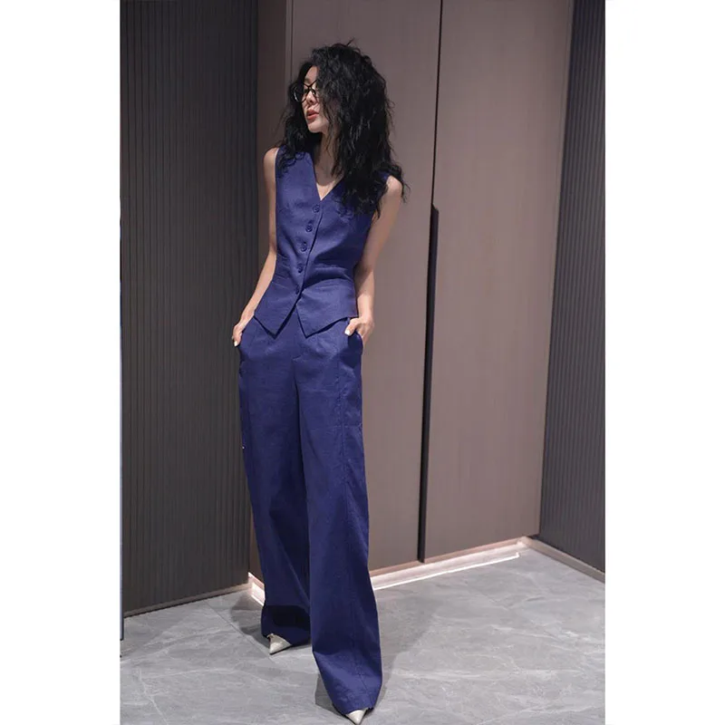 

Faionable Blue Profional Suit Set Cool Summer Sle Agel Elegance Dry Clean Quali V-Ne Long Pants Two-Piece Set