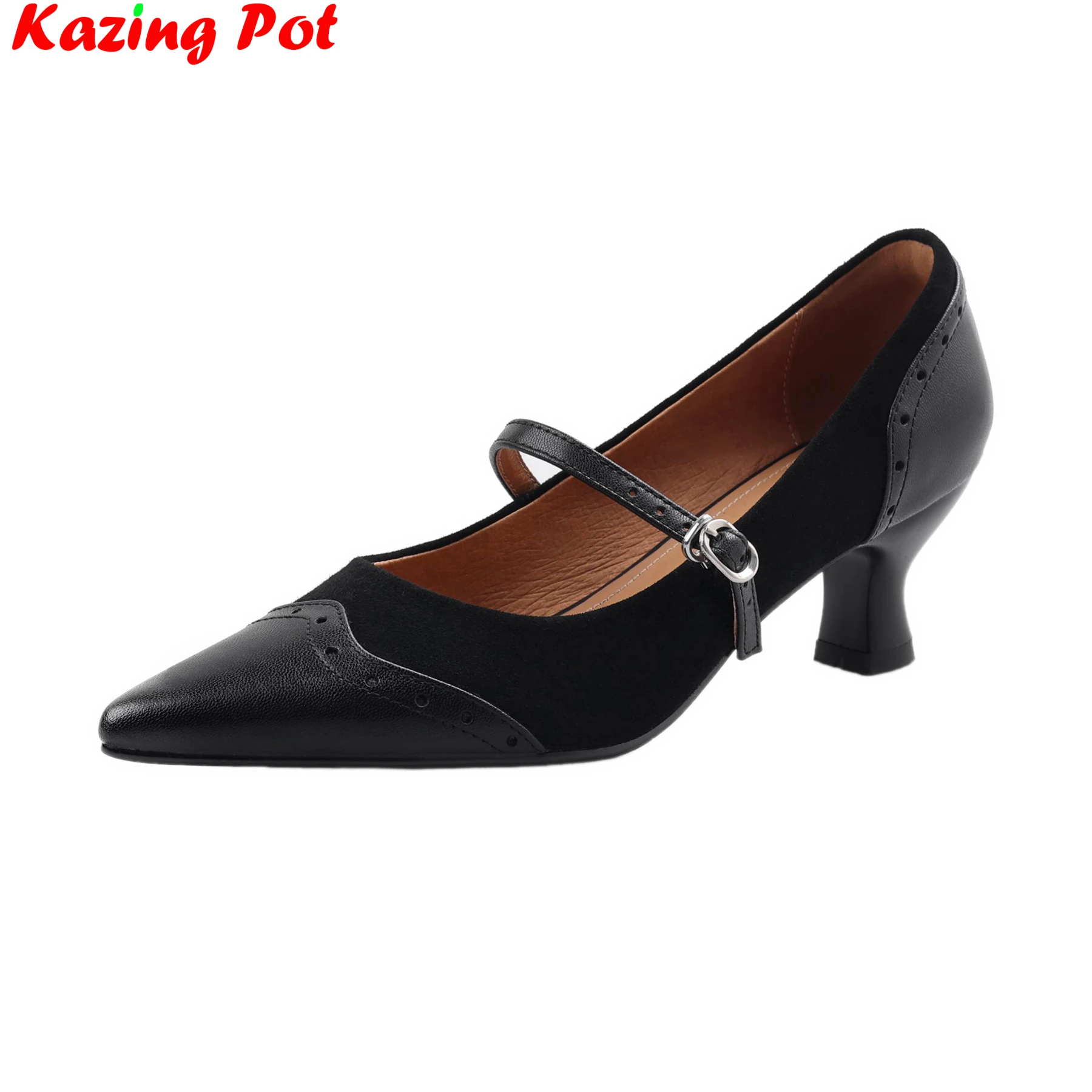 

Krazing Pot Sheep Suede Pointed Toe High Heels Buckle Strap Mary Janes Elegant Vintage Office Lady Brand Sexy Casual Women Pumps