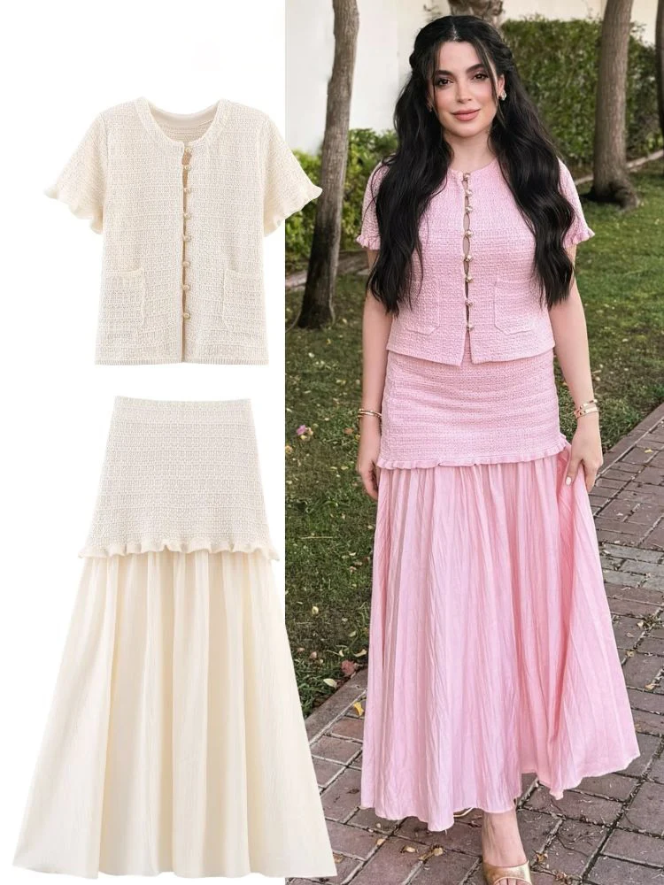 

HH повседневные вязаные кардиганы, юбки, костюмы для женщин, 2020, вязаный топ с короткими рукавами + лоскутная плиссированная длинная юбка, уличная одежда