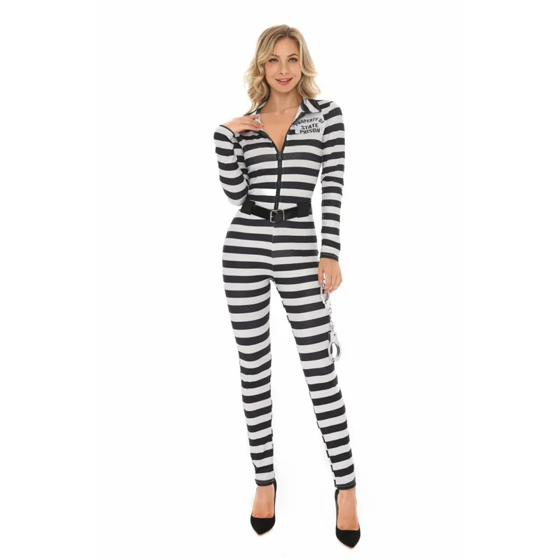 Women Prisoner Costume Escaped Prisoners Jumpsuit Striped Prison Inmate Halloween Cosplay Costumes Female Jail Criminal Dress Up