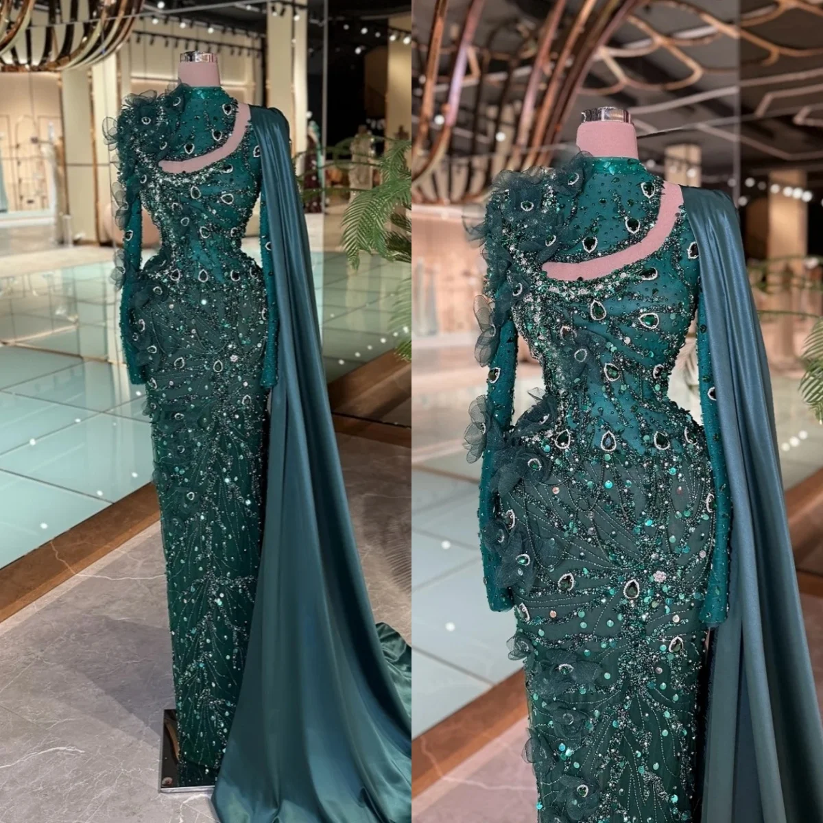 

Graceful Sequins Crystal Evening Dresses High Neck Prom Dress with Cape Beading Illusion Mermaid Party Gowns Vestidos De Noche