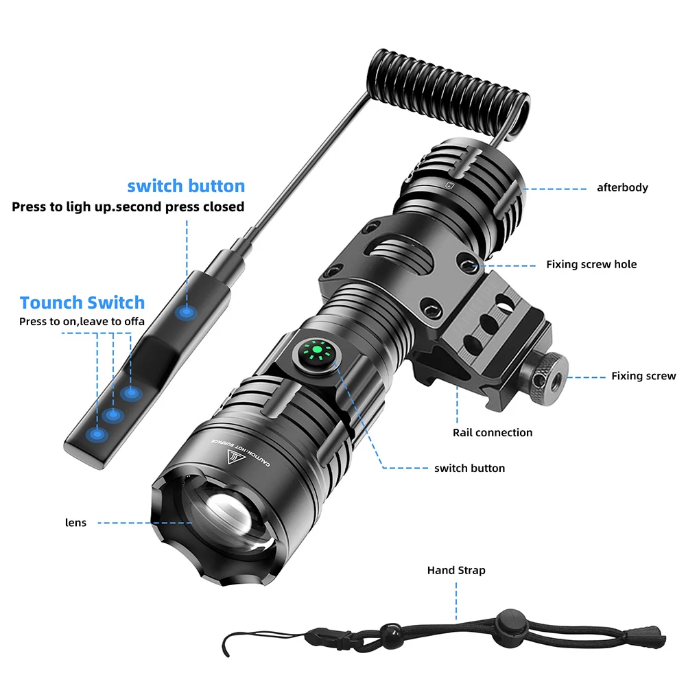 Tactical Flashlight 1600 Lumens USB Rechargeable Torch Waterproof Hunting Light with Clip Hunting Shooting Gun Accessories