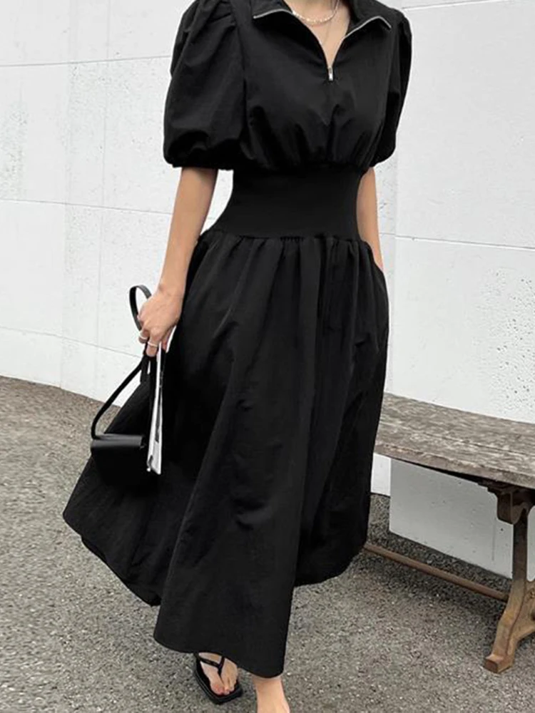 GALCAUR Casual Patchwork Zipper Dress For Women Lapel Puff Sleeve High Waist Tunic A Line Sweet Dresses Female Clothing 2025 New