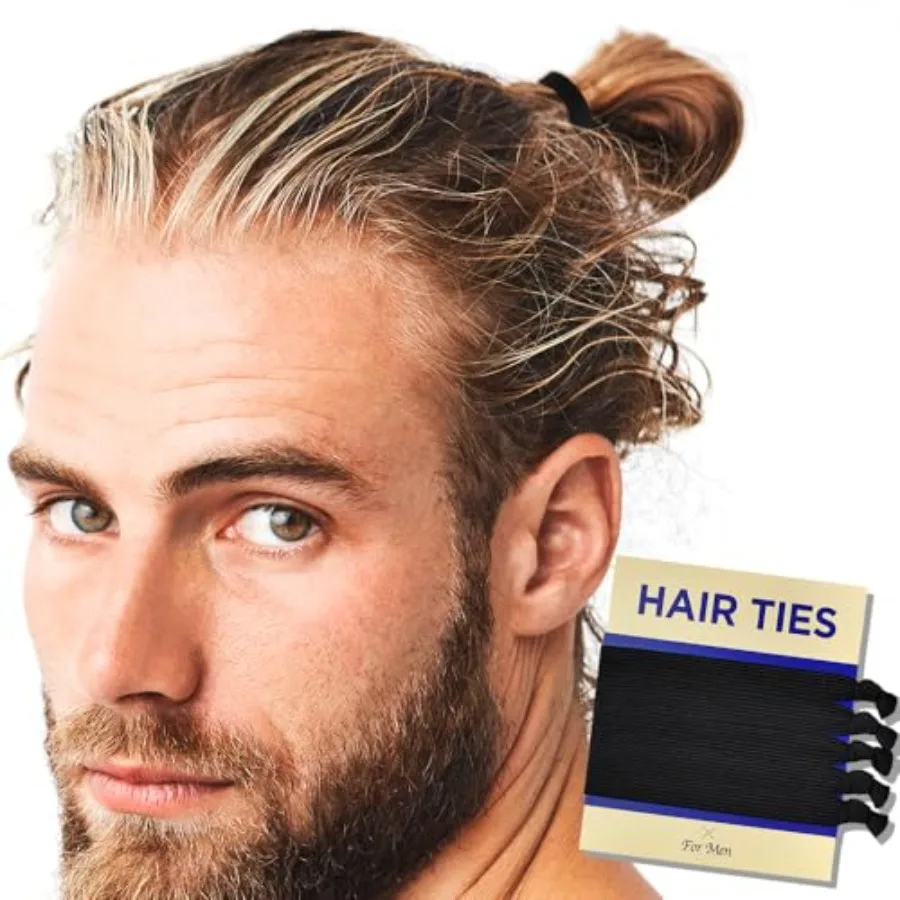 

HAVHAF Knotted Mens Hair Ties For Men 5 pcs Wide, Black - No damage Crease Breakage Man Bun Hair Tie Men with Long Hair For Bun