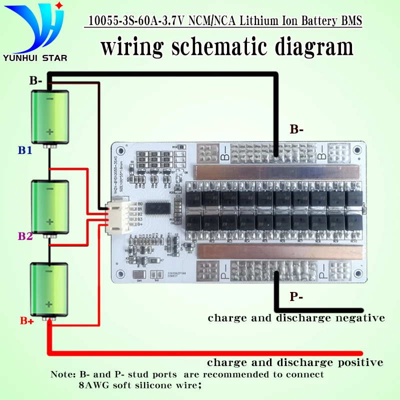 YUNHUI STAR 3S 12V BMS 60A Lithium Battery Protection Board with Auto Balancing Function Short-Circuit Protection and free cable