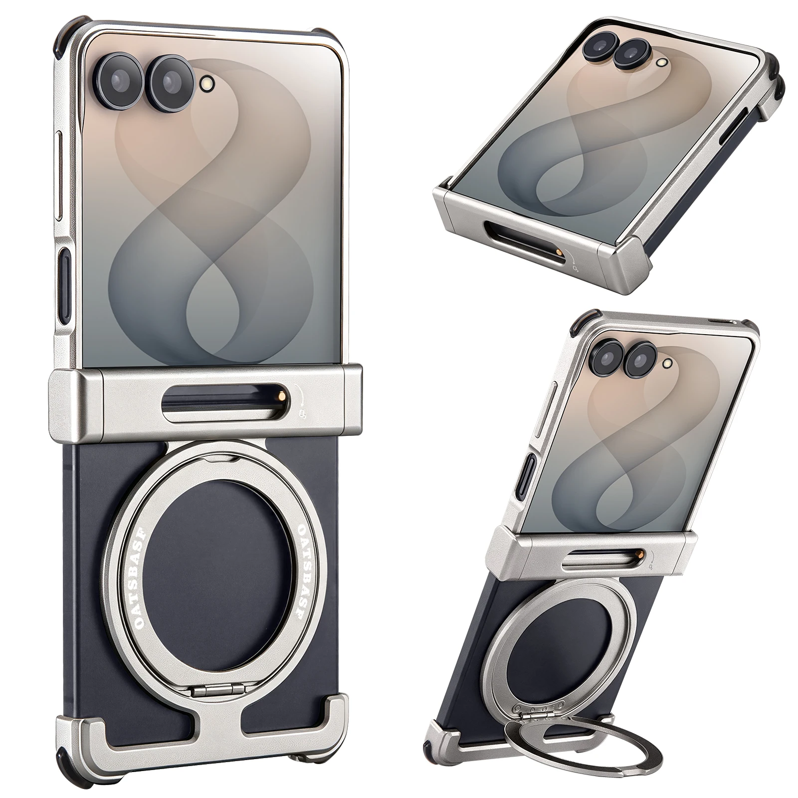 Oatsbasf Metal Bumper Phone Case for Samsung Galaxy Z Flip 8, 360° Rotatable Magnetic Ring Kickstand, Shock‑Absorb Phone Cover