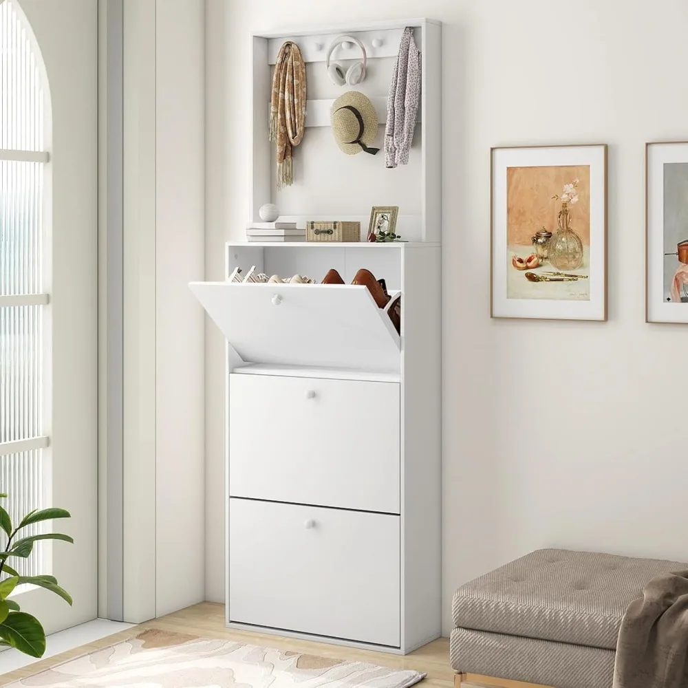 

Shoe Storage Cabinet with 3 Flip Drawers, Narrow Shoe Cabinet with 9 Hooks Coat Rack, Freestanding Slim Shoe Storage Organizer f