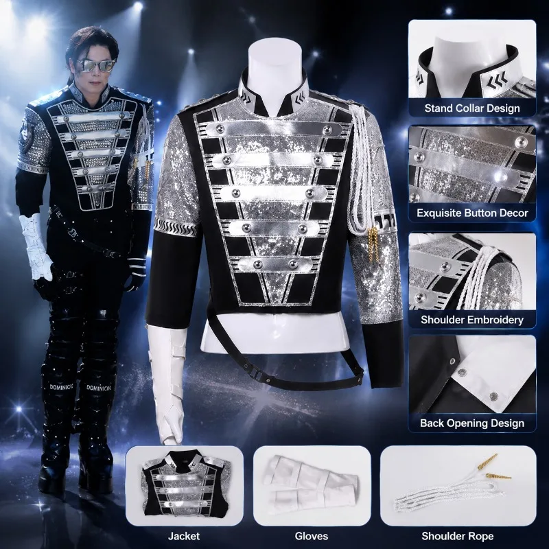 Michael Jackson Thriller Costume Sequin Military Jacket Cosplay Outfit Unisex Stage Performance Halloween Party Show