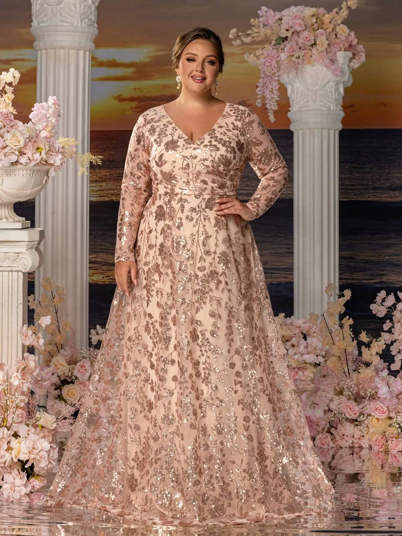 

Floral Sequin Embroidery Surplice V-Neck Plus Size Formal Evening Gown For Wedding Party