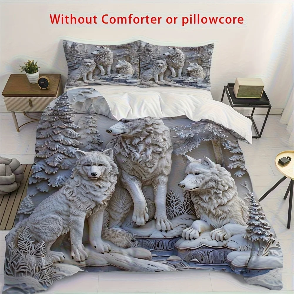 

2/3pcs Duvet Cover Set (1 Duvet Cover + 1/2 Pillowcase, Without Core), 3D Simple Forest White Wolf Animal Sculpture Print