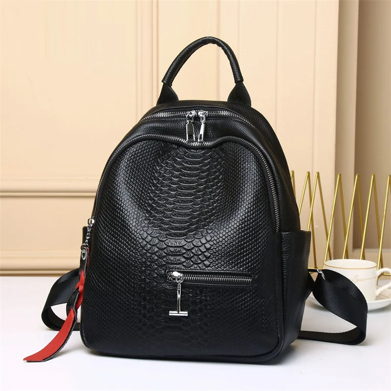 Alligator Pattern Genuine Leather Backpack for Woman Black Cowhide Travel Bags Luxury Handmade Cow Leather Shoulder Bag 2025 New