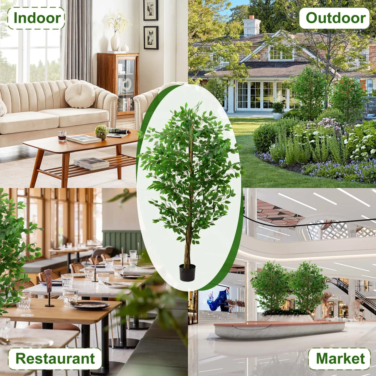 6ft Ficus Tree Artificial, Realistic Texture Potted Faux Ficus Tree, Fake Trees Indoor Outdoor for Home Office Living Room Bedro