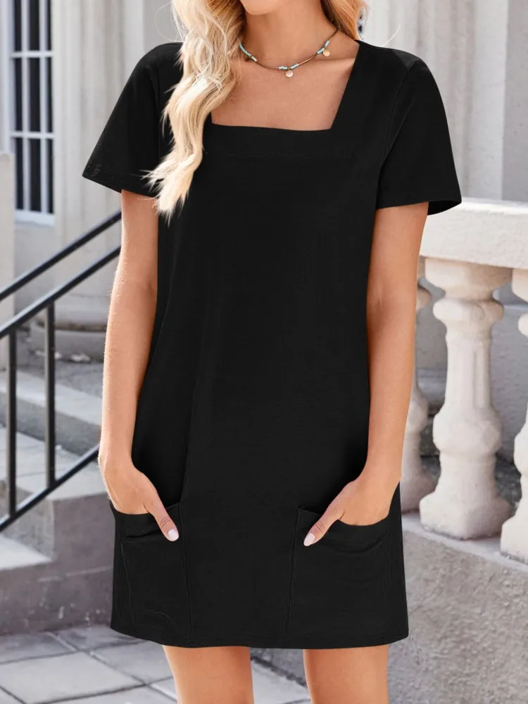 فساتين نسائية بأكمام قصيرة ورقبة مربعة 2025 فستان قصير غير رسمي بلون سادة فستان صيفي لحفلات الشاطئ على شكل حرف A فستان فيستدو