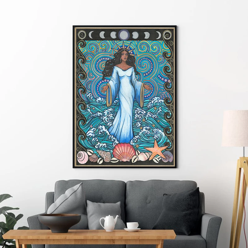 Póster de retrato de Yemaya por la noche, impresión artística de la Reina de las aguas, imagen de diosa Yoruban, decoración de pintura en lienzo de Madre Orishas