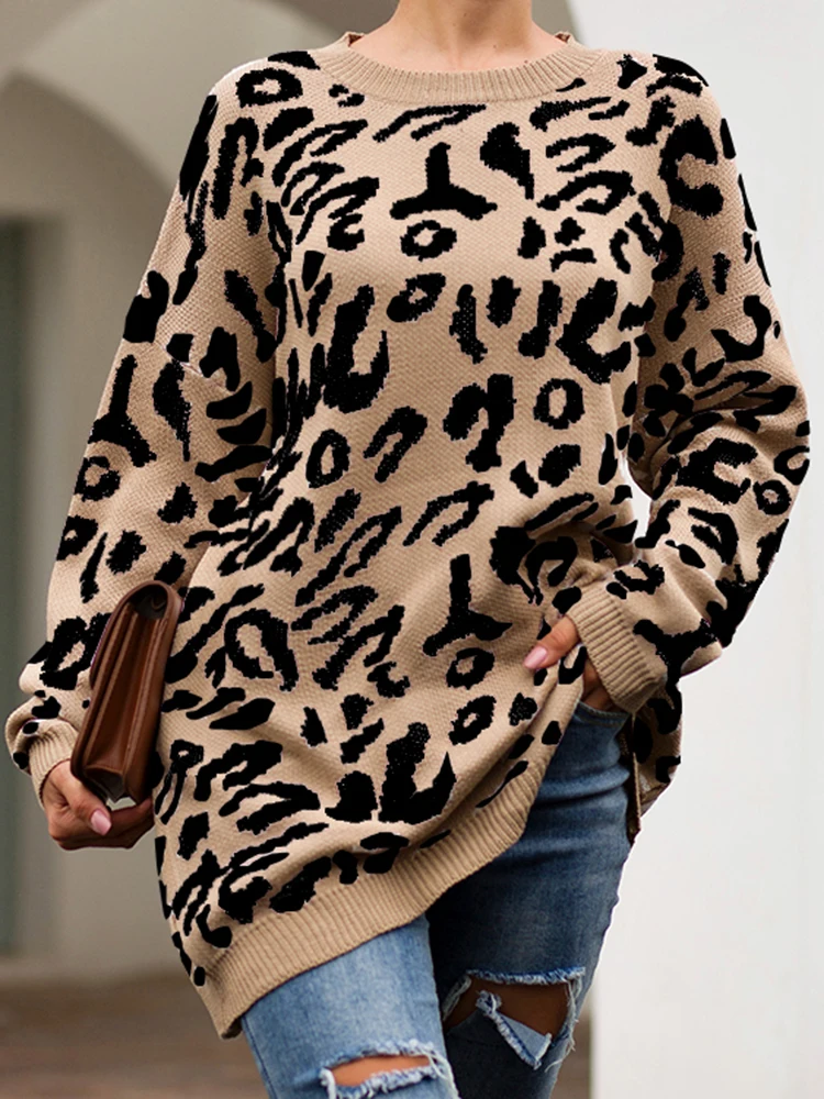 Leopard Print Sweater Women Elegant Casual Knitted Pullover Winter Fashion Long Sleeve Knitwear Female Vintage Oneck Long Jumper