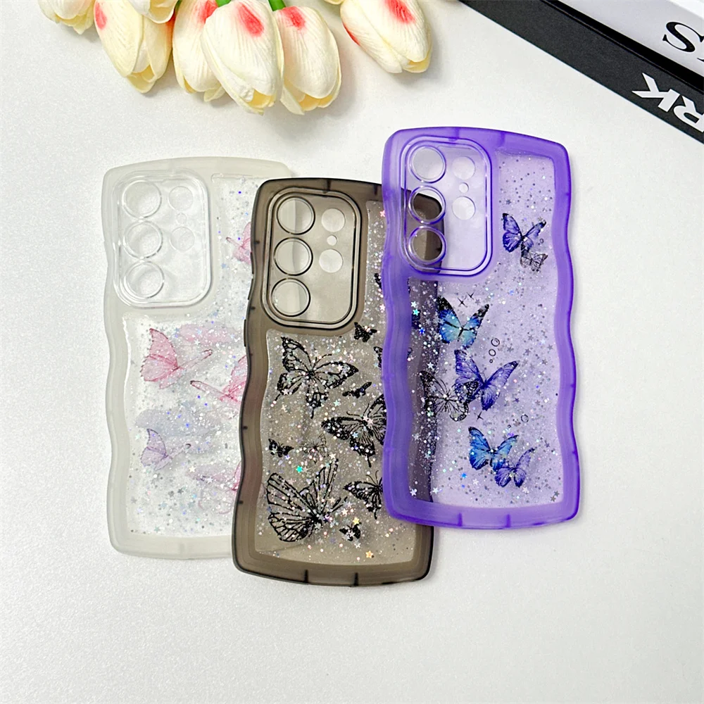 Butterfly Bling Glitter Wave Frame For Samsung S24 S23 S22 Plus Ultra FE A13 A14 A15 A53 A54 A55 A35 Sequins Clear Bumper Cover