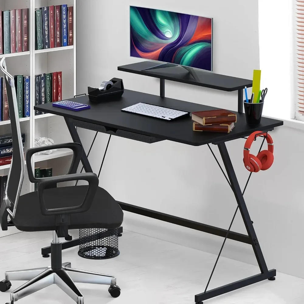 Mesa para jogos de 40 polegadas com elevador de monitor, gaveta e ganchos, preta