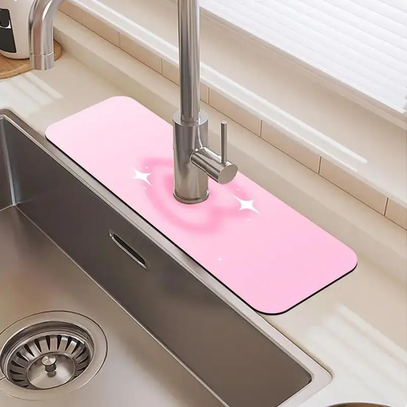 VIKAMA Pink Heart Star Cutout Faucet Mat Diatomite Super Absorbent Non Slip Kitchen Sink Tap Water Draining Pad