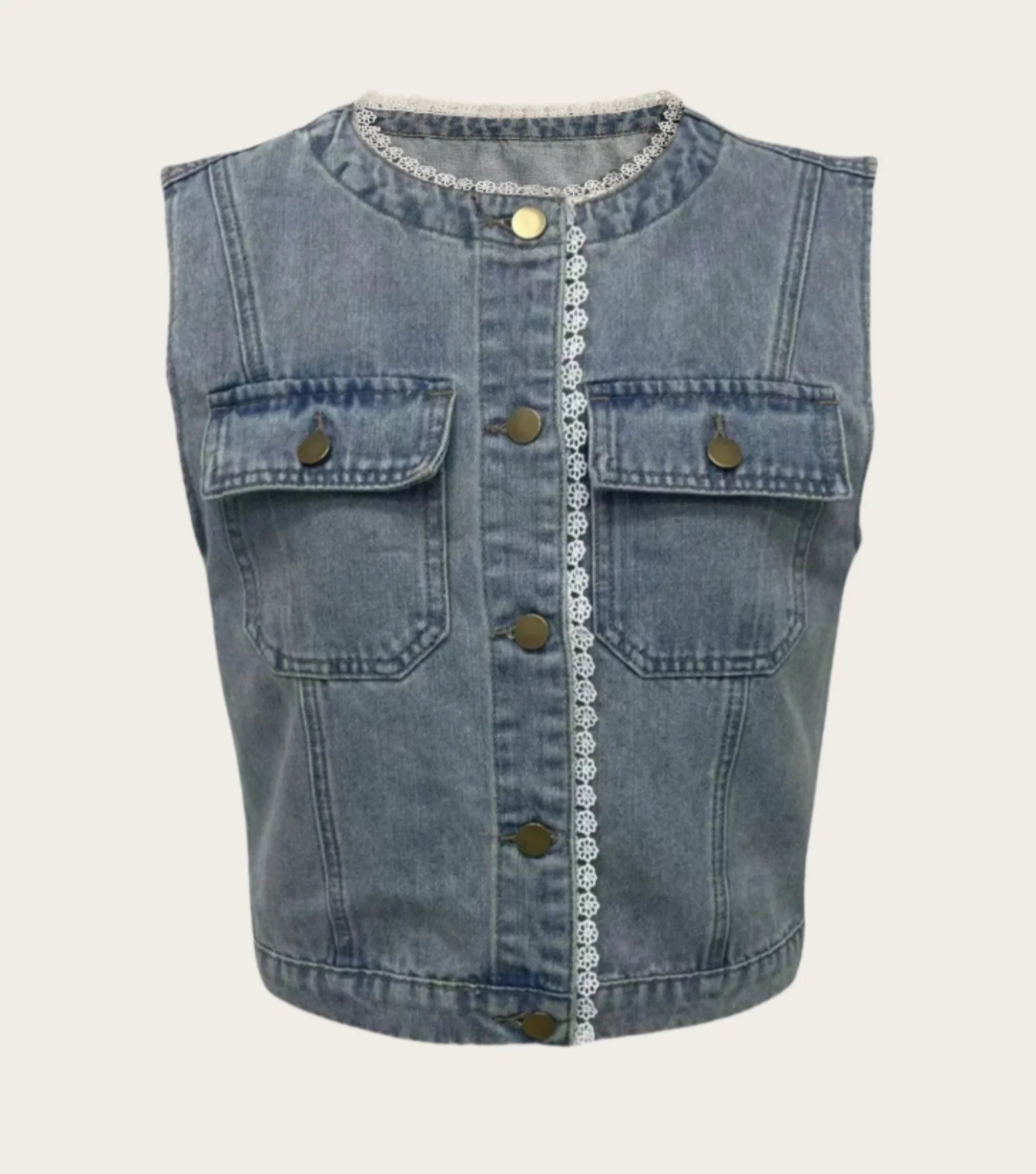 

Осень 2021, новый стиль, джинсовый жилет с круглым вырезом и кружевной отделкой, короткий топ без рукавов, женская джинсовая куртка, пальто