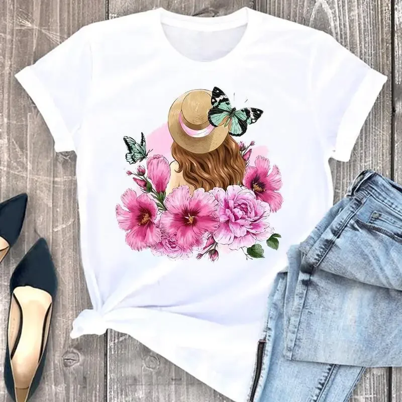 

Floral Girl Trend White Loose Print Crew Neck T-shirt Women Short Sleeves Aesthetic Clothes Graphic T Shirts