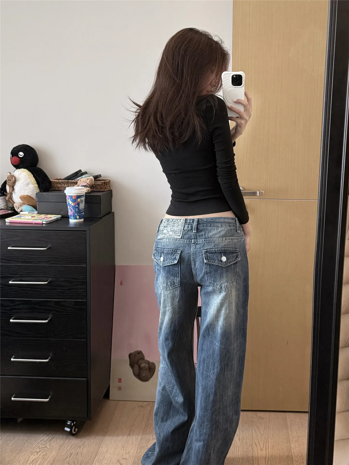 

Retro American Blue Wide Leg Jeans Women's Loose Drapey Tall Extended Straight Tube Pants Cotton Low Waist Button Soft