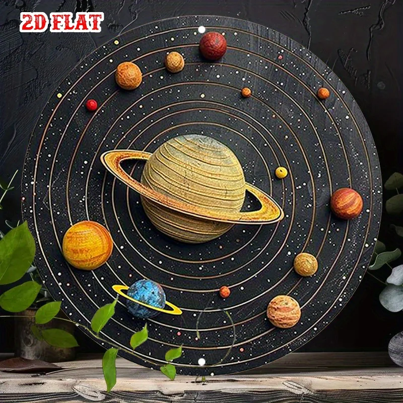 2D Flat 1pc Cosmic Art Round Aluminum Sign - Solar System Planets & Orbits, Rustic Metal Wall Decor with Starry Background, 19.8