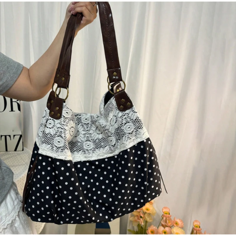 Böhmische Umhängetasche, Mori Girl Fairycore Damen Ditsy Floral Patchwork Handtasche mit Spitzenbesatz, Vintage Reise-Pendler-Einkaufstasche – Detail 28
