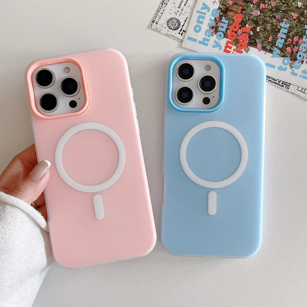 

2 in 1 Candy liquid silicon magsafe charging phone case for iPhone 16 15 14 13 12 11 Pro Max Plus magnetic shockproof soft cover