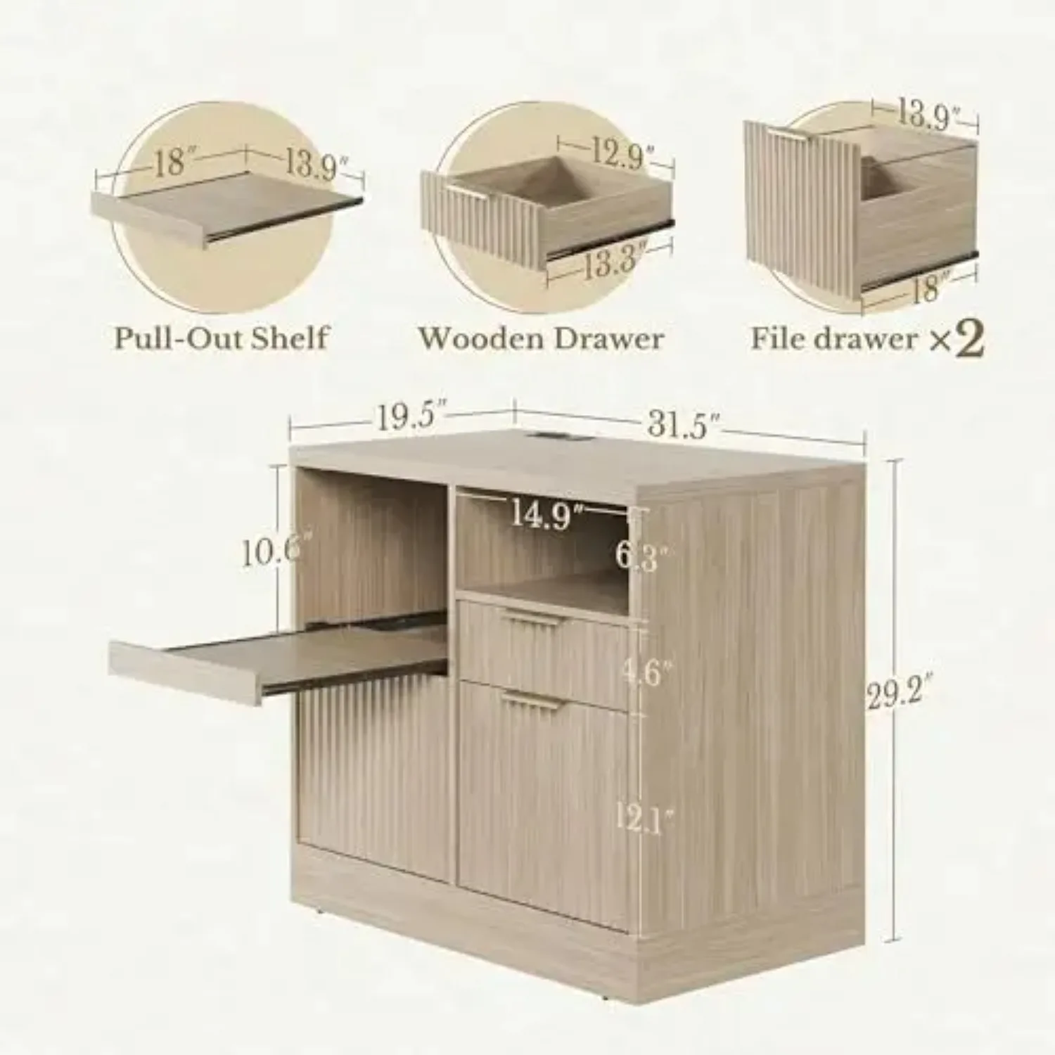 3 Drawer File Cabinet, Fluted Filing Cabinet for Home Office with Charging Station, Wooden Office Cabinet Fits for