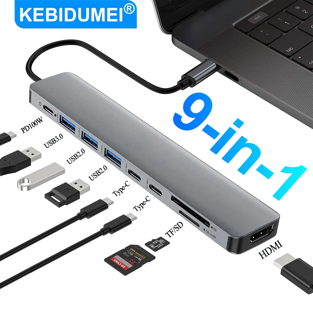 KEBIDUMEI USB 3.0 HUB 9 in 1 USB C Docking Station USB Split