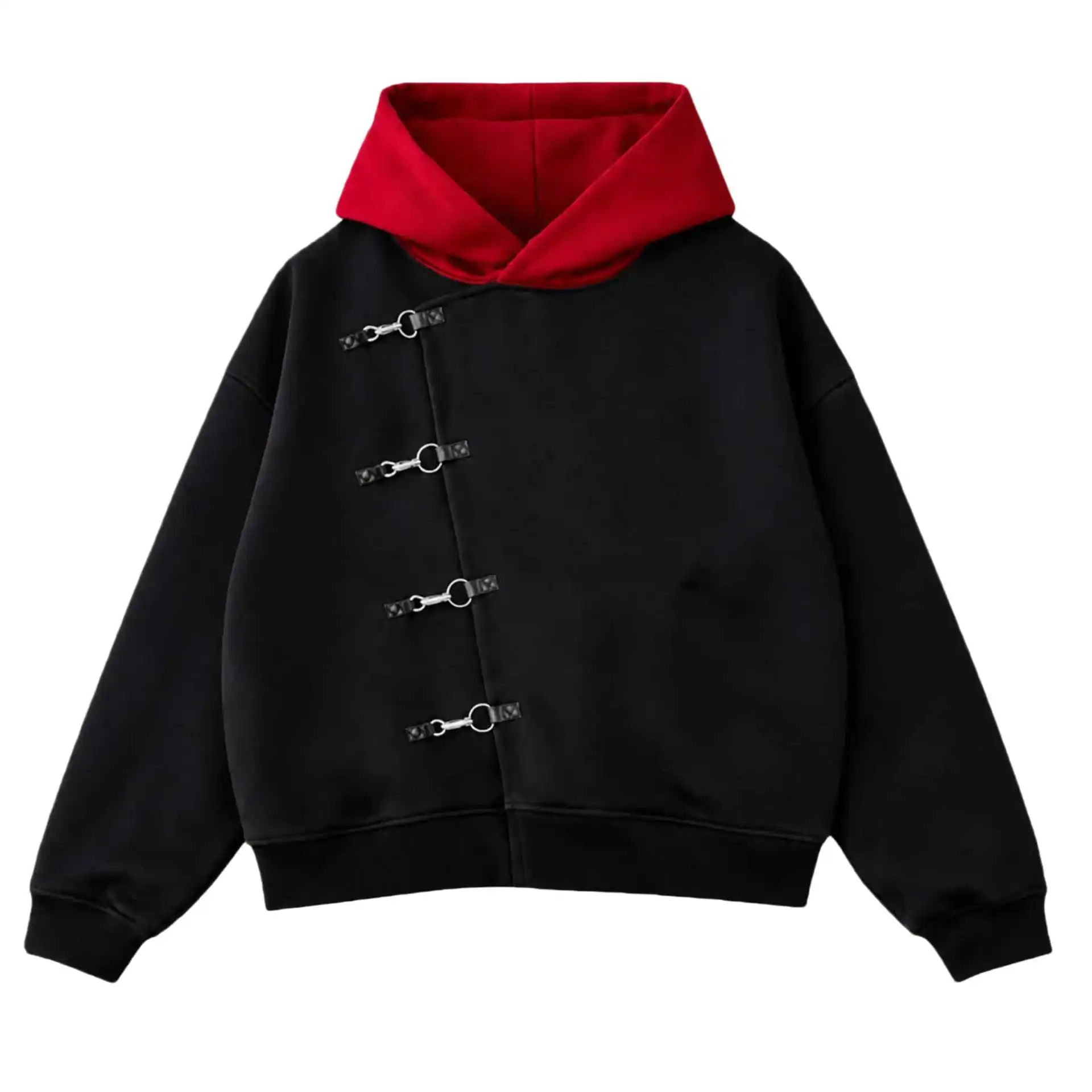 Alt Street Style Pullover Hoodie Contrast Color Hood Diagonal Hardware Decoration Loose Casual Tops