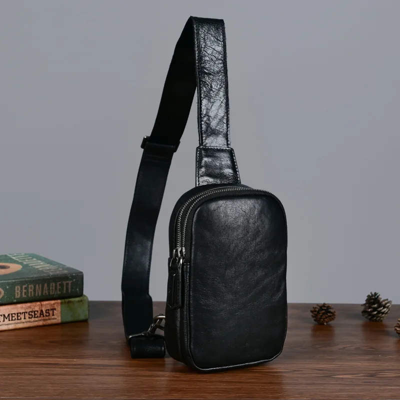 حقيبة صدر كاجوال كلاسيكية من جلد البقر المدبوغ بالخضراوات متعددة الجيوب للرجال، حقيبة كروس مربعة راقية