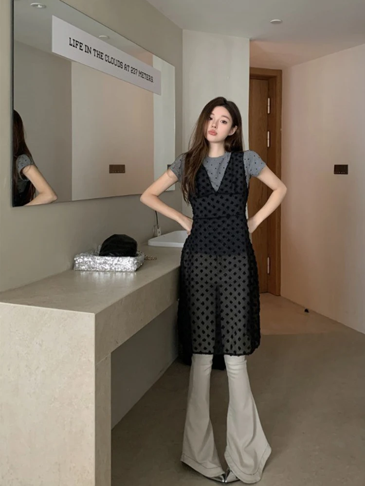 Vestido Colete em Camadas Estilo Coreano F Novo 2025 Vestido ter de Renda Branca Vestido Midi com Cortina de Rede e...