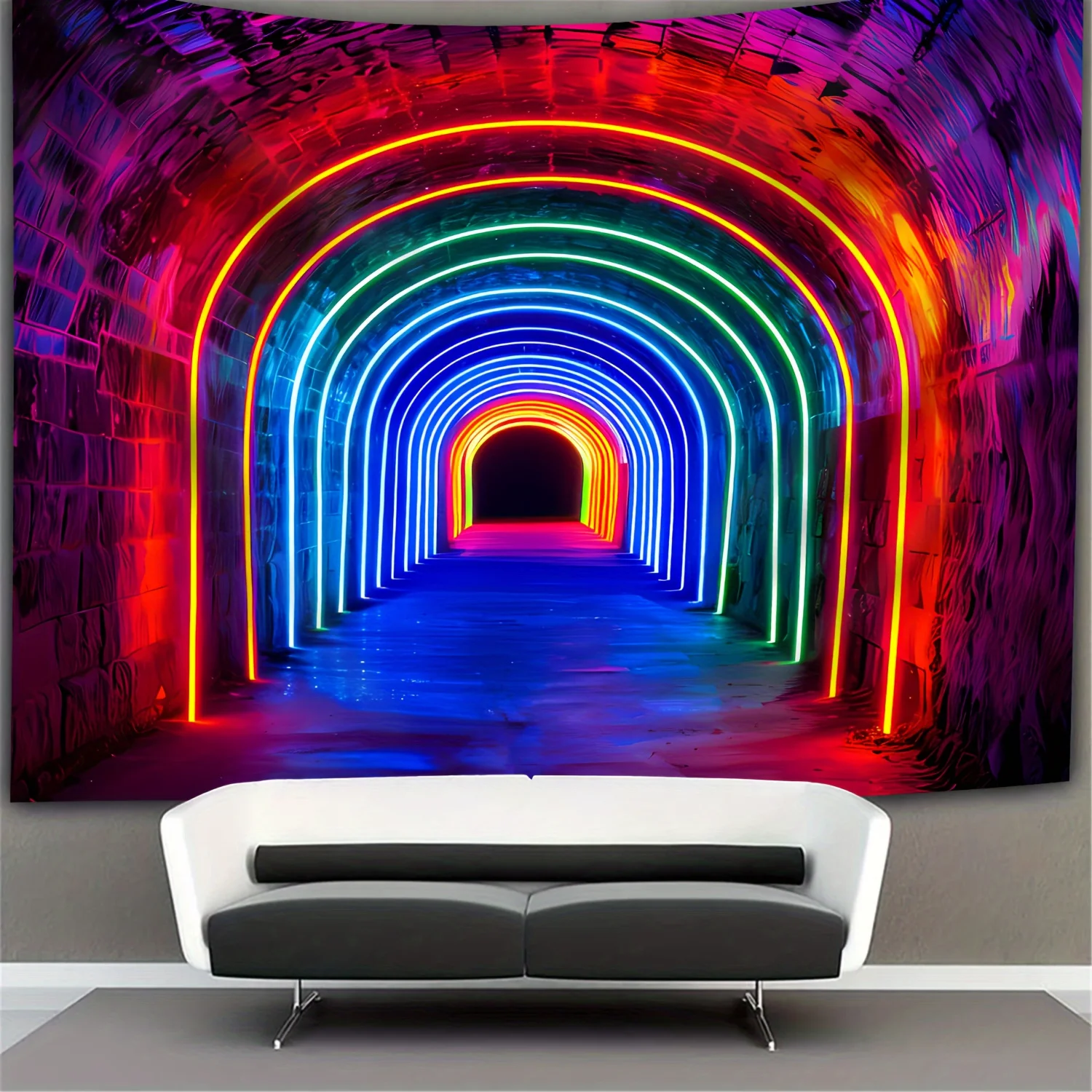 Neon Lights Tunnel Tapestry - Vibrant Rainbow Arches Wall Hanging for Living Room, Bedroom Decor - Modern Home Decoration