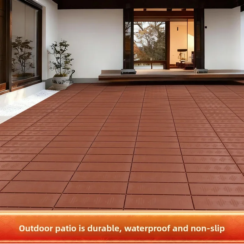 11PCS WPC Interlocking Deck Tiles Waterproof Anti-Slip Outdoor Balcony Flooring Warm Brown Embossed Patio Garden Floor Kit