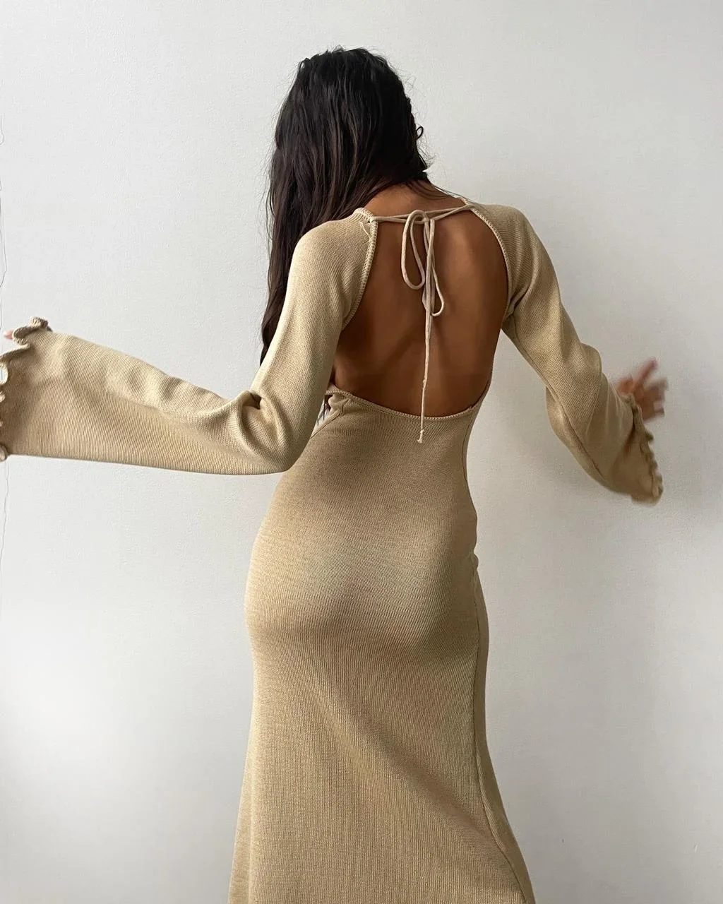 Elegant Summer Knitted Maxi Dress Long Sleeve Casual O-neck Holiday Beach Dresses Backless Evening Party Night Club Vestidos