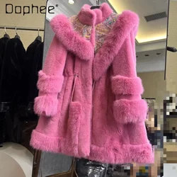 Fashion Fur Coat Women Sequined Drawstring Waist Stand Collar Warm Loose Mid Length Mink Jacket 2024 Winter Fashion Female Trend