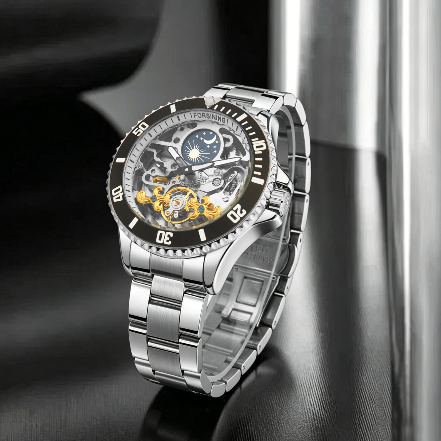 Forsining Luxury Mechanical Watch for Men Moon Phase Rotating Bezel Tourbillon Skeleton Automatic Watches Stainless Steel Strap