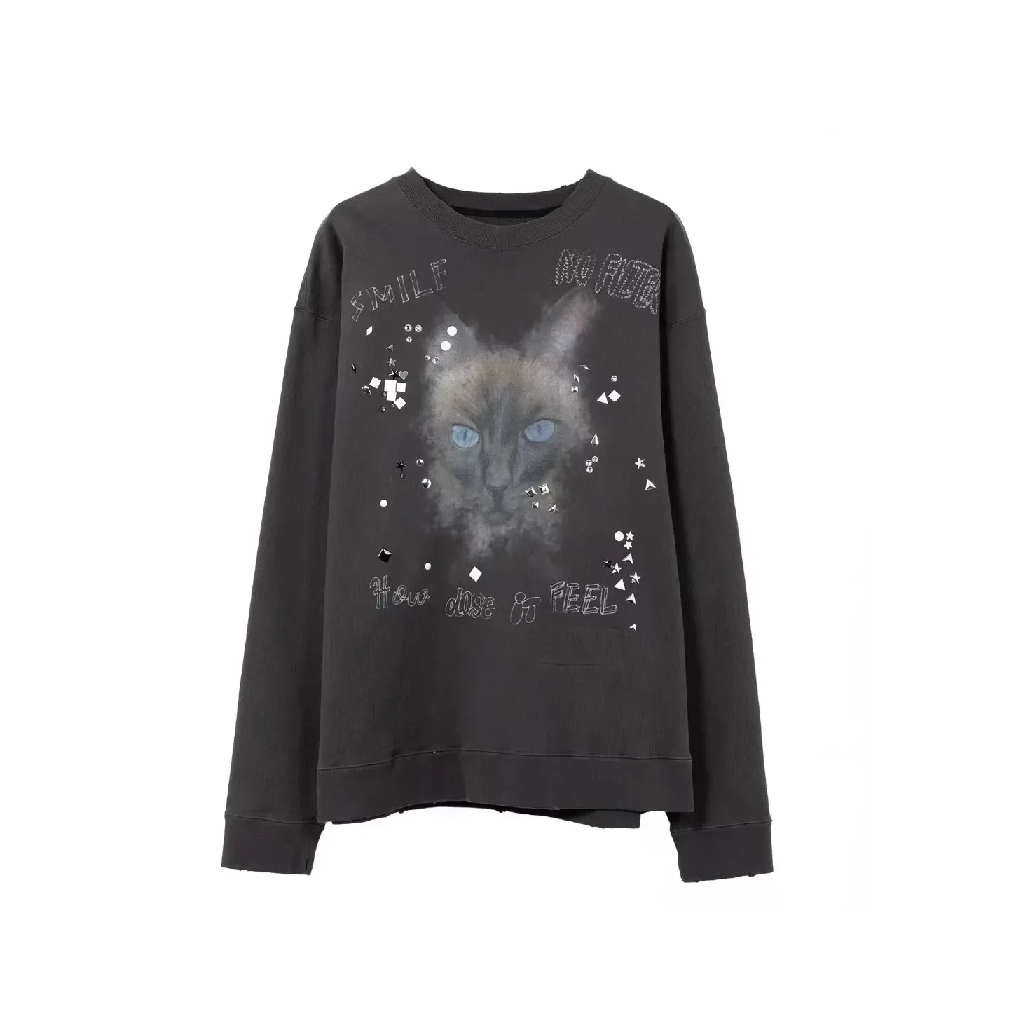 Vintage Cool Cat Print Loose Casual High Street Style Crew Neck Sweater