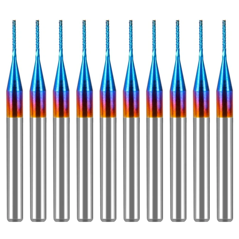 

10 шт. 0,6 мм карбидная Концевая фреза, супер нанофреза с голубым покрытием, гравировальная фреза, хвостовик 1/8 дюйма