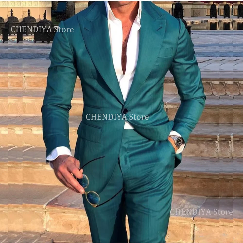 

Chic Green Suits For Men Single Button Fashion Peaked Lapel Evening Party Special Occasion Prom Male Outfits Jacket Pants