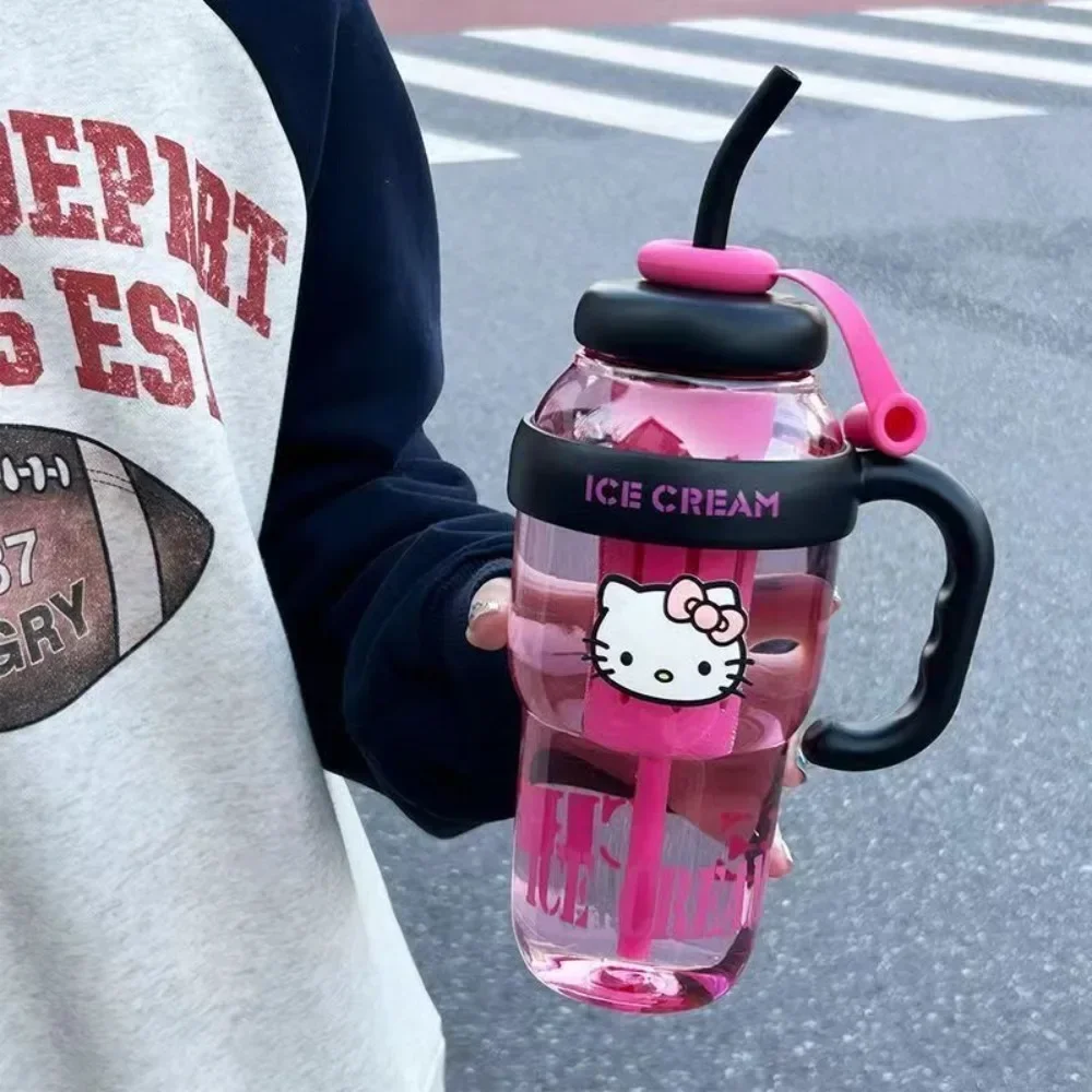 New 1300ml HelloKitty Big Mac Cup Simple High Beauty Large Capacity Water Cup Tea Leaker Summer Cool Portable Handle Straw Cup