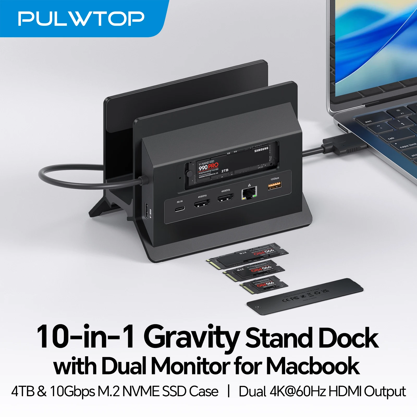 PULWTOP MacBook Docking Station with 2 HDMI 4K@60Hz, USB A/C 10Gbps, PD, Ethernet, SD/TF, for MacBook Pro/Air M3/M4/M5