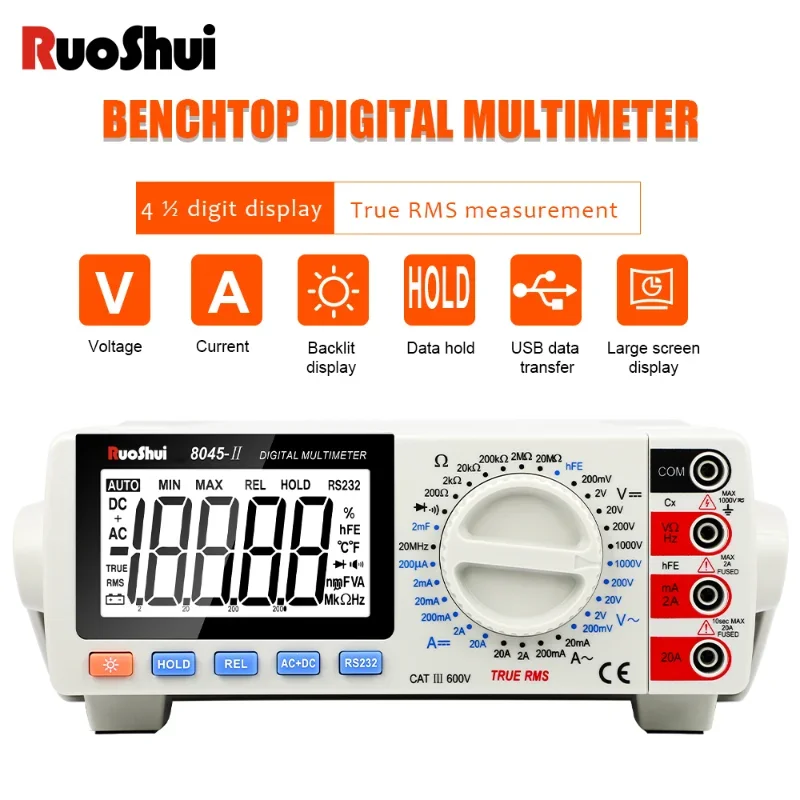 RuoShui 8045 Multimeter 20000 Counts True RMS AC/DC 1000V Desktop Multimetro 20MHz Electrician Transistor Capacitance USB Tester