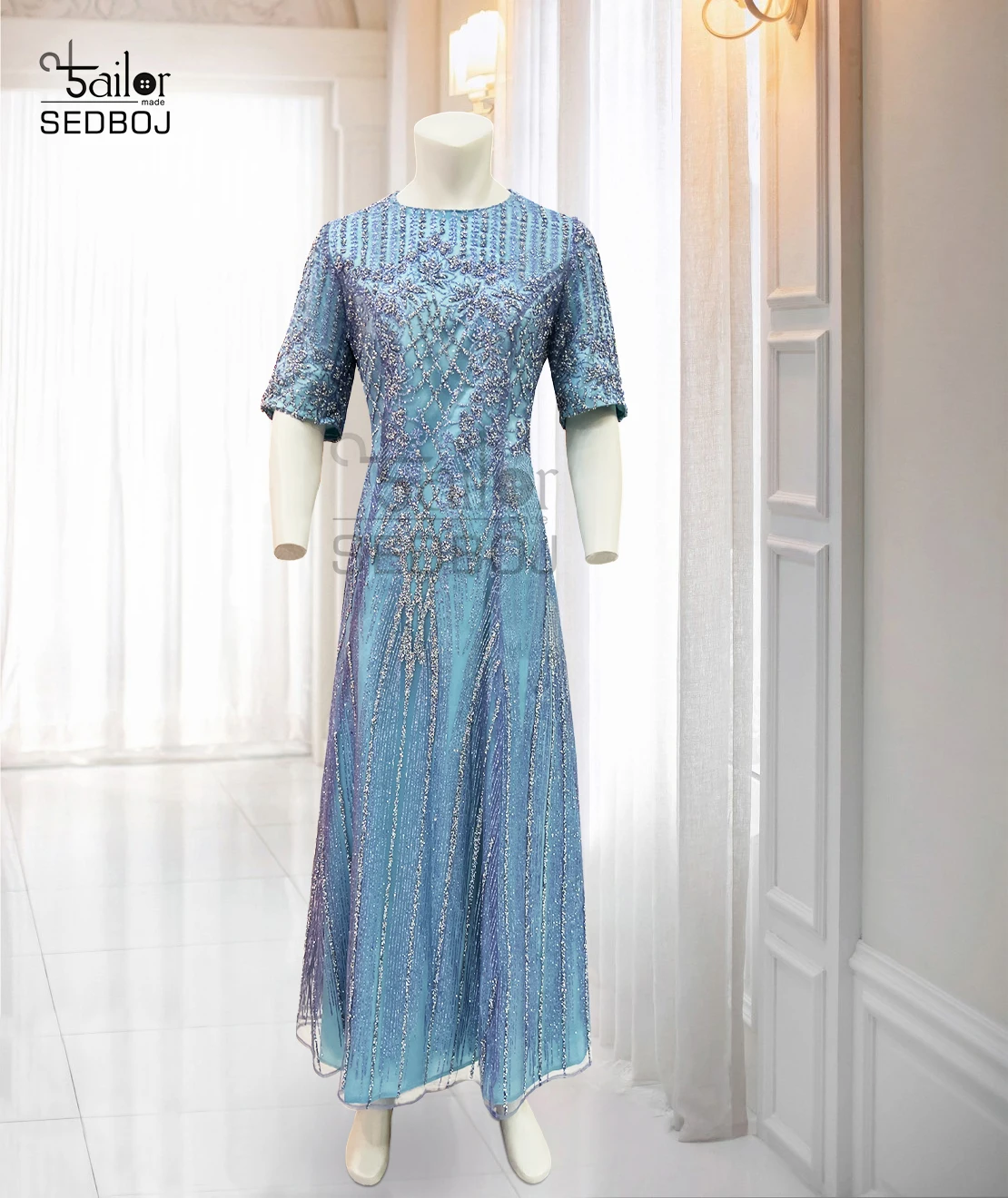 Heavy Industry Elegant Nail Bead Blue Round Neck Wedding Bridal Mother Dress Annual Meeting Host Banquet Dress